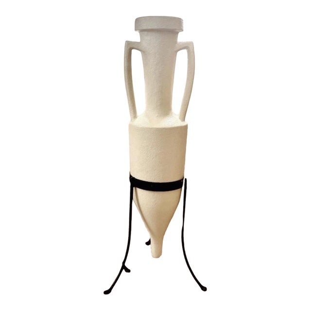 Vintage MCM Amphora Vessel Tall Iron Stand Large Vase 34” For Sale