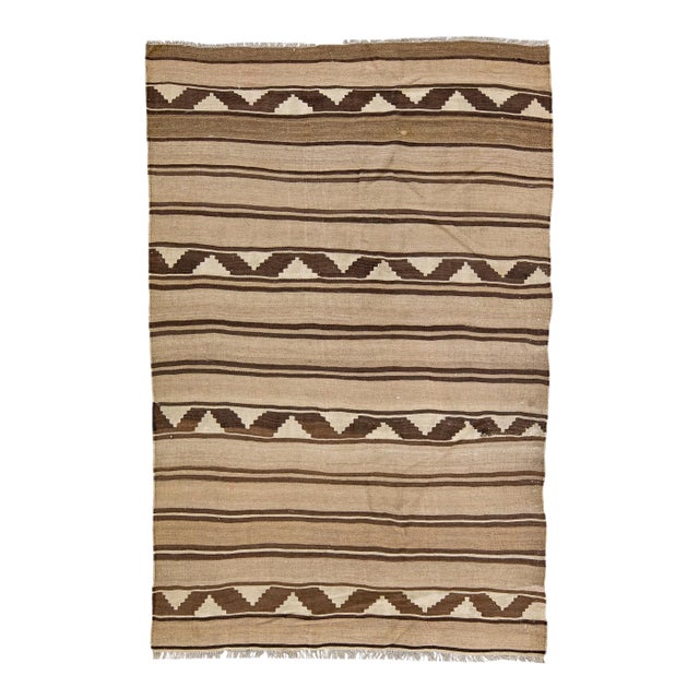 Vintage Kilim Red Handmade Flatweave Stripe Brown Wool Runner For Sale