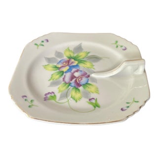 Vintage Lemon Dish – Hand-Painted Finger Plate Occupied Japan – Blue & Purple Floral Nappy With Gold Trim For Sale