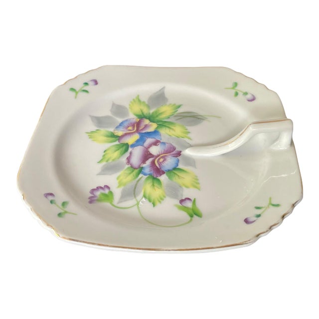 Vintage Lemon Dish – Hand-Painted Finger Plate Occupied Japan – Blue & Purple Floral Nappy With Gold Trim For Sale