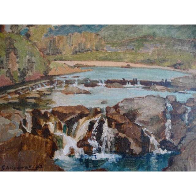 Blue 1952 "The Cataracts" Modern Abstract Oil Painting on Board by S. Miyawaki, Framed For Sale - Image 8 of 10