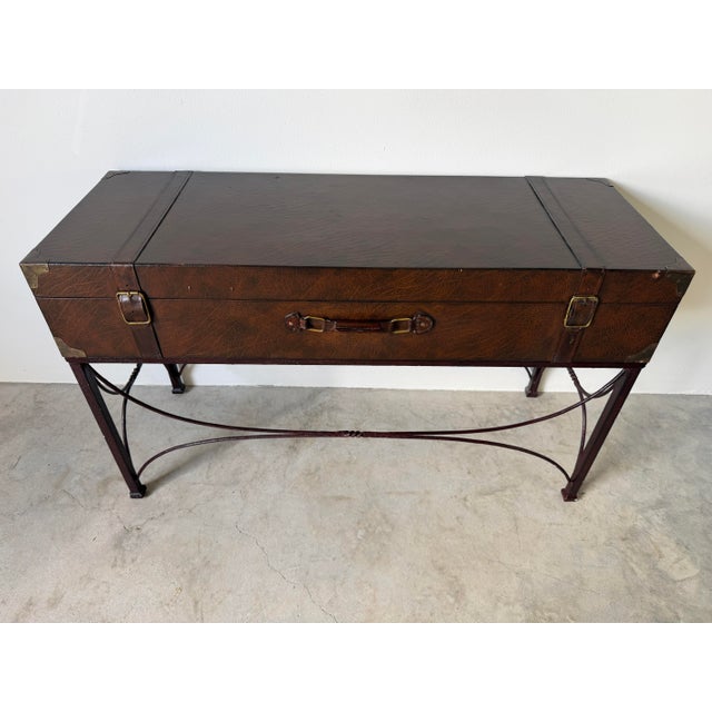 1980s Vintage Ralph Lauren Style Leather Suitcase Console Table With Brass Accents & Metal Base For Sale - Image 4 of 17