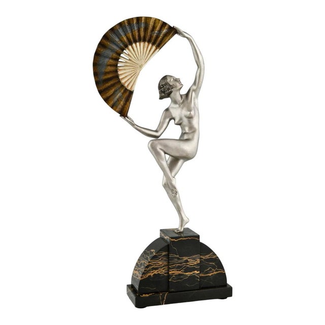 Art Deco bronze sculpture nude fan dancer by Marcel André Bouraine with Etling Paris Founders' signature on a Portor...