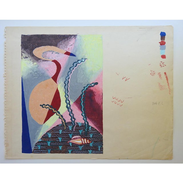 Mid 20th century gouache on paper abstract with surreal sealife and shell. Unsigned, from the estate of Geneva Flores Hart...