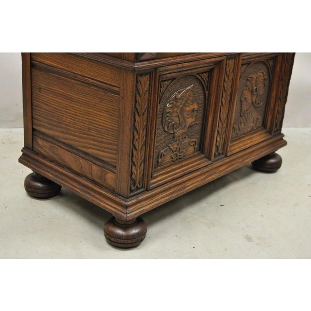Antique Jacobean Oak Wood Figural Bust Carved Blanket Chest Trunk on Bun Feet For Sale - Image 10 of 11