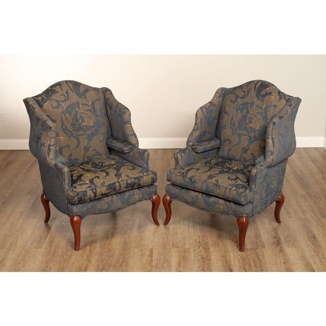 High Quality Vintage Pair of Custom Upholstered Carved Cherry Frame Wingback Armchairs