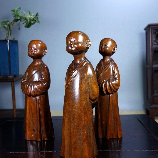 Chinese Set of 3 Vintage Chinese Boxwood Carved Monk Figures – "Zen Mind" (Chan Xin) Statues For Sale - Image 3 of 9