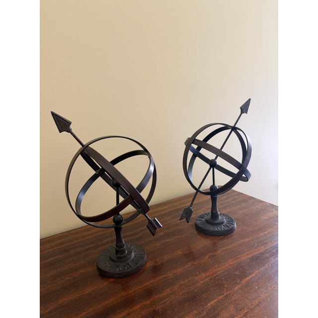 French Country Late 20th Century Pair of Black Iron Armillary Globe Sculptures – Traditional Landscape & Garden Decor For Sale - Image 3 of 13