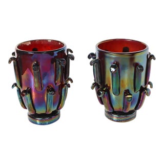 Mid-Century Hand-Blown Murano Iridescent & Ruby Glass Vases W/ Petal Detailing For Sale