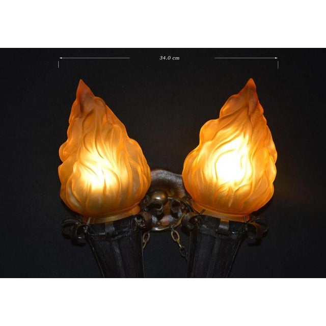 Brown Victorian Gothic Twin Torchère Wall Light with Opaline Flame Shades, 1850s For Sale - Image 8 of 18