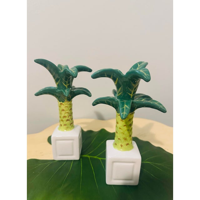 2000 - 2009 A Pair of Ceramic Palm Tree Candle Holders Palm Beach Style For Sale - Image 5 of 7