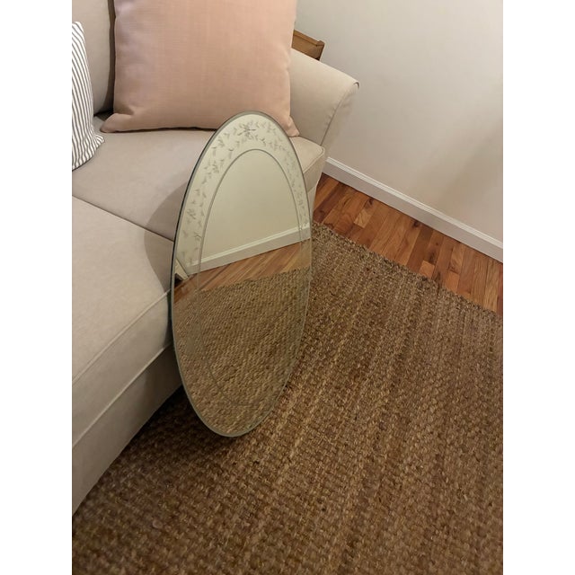 Vintage 1957 Mid-Century Venetian Art Deco Oval Wall Mirror - Frosted & Etched Floral Glass Border, Smooth Wood Backing For Sale - Image 13 of 14