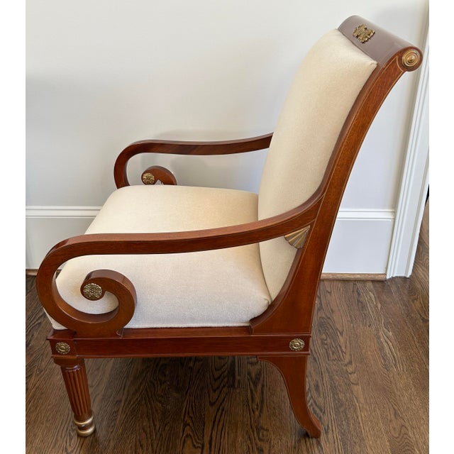 Kindel Neoclassical Empire Regency Scroll Lounge Arm Chair With New Upholstered Scalamandre Mohair. The Chair is all...