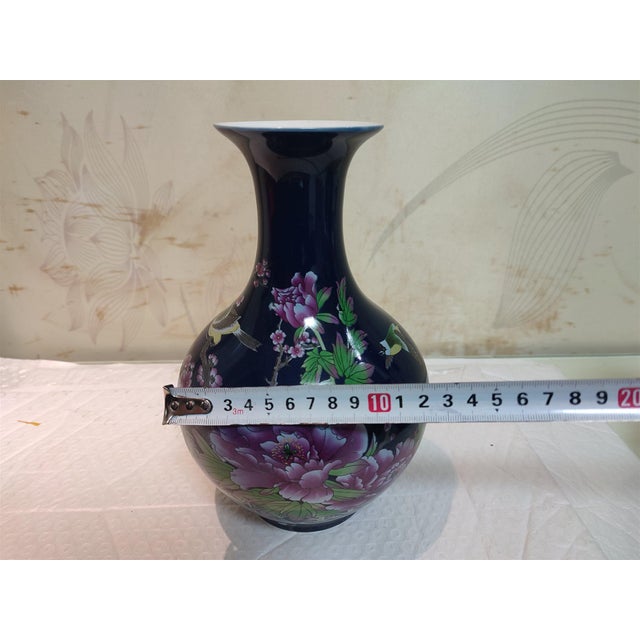 A Pair of Chinese Old Ceramic Vase,Qing Dynasty Qianlong Marked Blue Ground Famille Rose Porcelain Yuhuchun Vase Flowers and Birds Pattern For Sale - Image 11 of 11