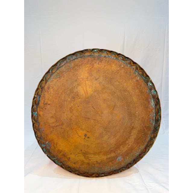 Metal Large Vintage Engraved Brass Tray With Botanical Decoration and Scalloped Rim For Sale - Image 7 of 13