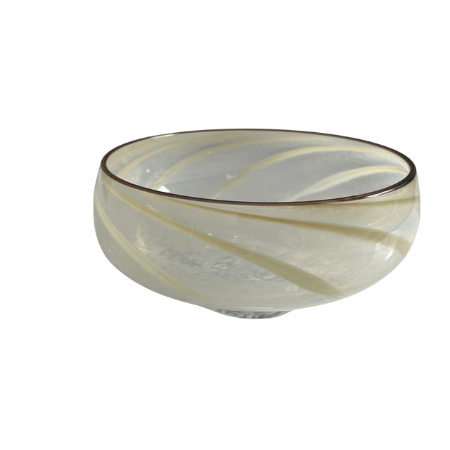 Vintage Hand-Blown Studio Art Glass Compote Bowl With Caramel Ribbon Swirl | Mid-Century Murano-Style Glass For Sale - Image 9 of 12