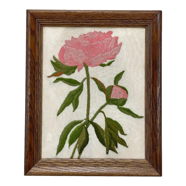 Mid-Century Modern Crewel Embroidery Stitched Pink Rose Floral Art Wall Hanging For Sale