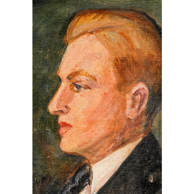Art Deco Era Antique Oil Painting Profile Portrait of Young Man in Suit Framed For Sale - Image 4 of 12