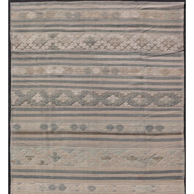 Tribal Vintage Turkish Gallery Kilim With Soft Blue-Gray and Sand Striped Motifs For Sale - Image 3 of 11