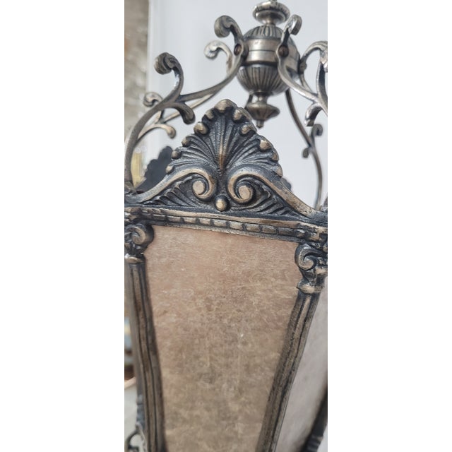 1900 Silver Plated Spanish Brass Statue Lamp With Mica Shade For Sale - Image 10 of 13