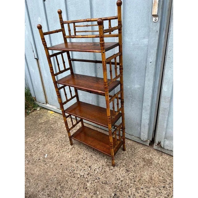 Early 20th Century Antique Four Tier Burnt Bamboo Rack Bookshelve For Sale - Image 5 of 11