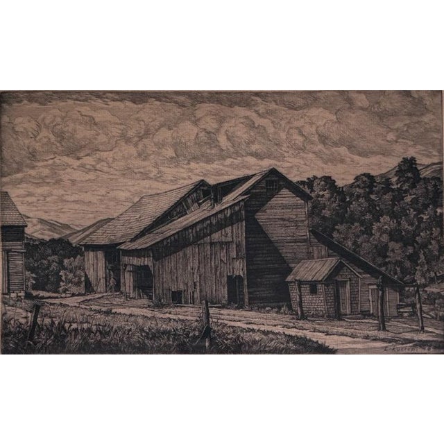 Mid-Century Modern Vintage Luigi Lucioni Hand-Signed Fine Art Etching New England Regionalist Landscape Weathered Vermont Barn Custom Framed For Sale - Image 3 of 12