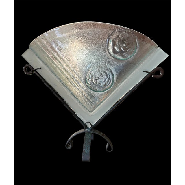 Metal Studio Art Glass Fan Vase Wrought Iron Stand For Sale - Image 7 of 11
