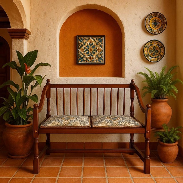 Vintage Spindle Back Wood Settee With Floral Cushions For Sale - Image 10 of 16
