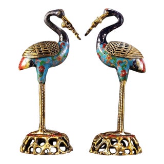 Pair of Vintage Cloisonne Enamel Crane Incense Burners – 11" Gilt Bird Figures For Sale