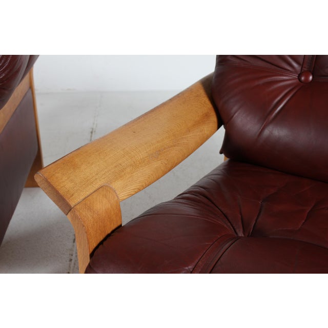 Brutalist Lounge Chairs in Oak and Reddish Brown Leather, 1970s, Set of 2 For Sale - Image 13 of 17