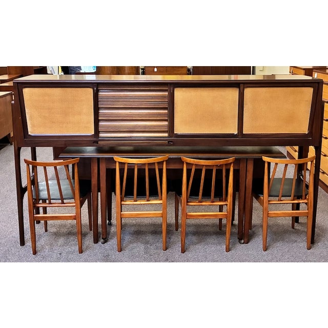 Mid-Century Modern Iconic European Mid Century Modern Teak & Wicker Nesting Dining Suite W/ Credenza, Dining Table & Four Chairs c.1960 For Sale - Image 3 of 18