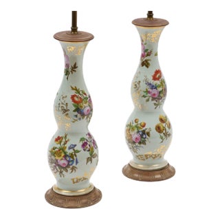 Tall Antique Louis Philippe French Opaline Glass Table Lamps With Hand Painted Flowers Circa 1835 - A Pair For Sale