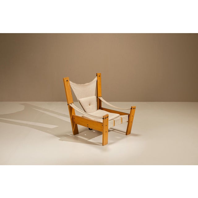 1970s Set of Easy Chair and Ottoman in Pinewood and Canvas by John De Haard, Netherlands, 1960s For Sale - Image 5 of 14