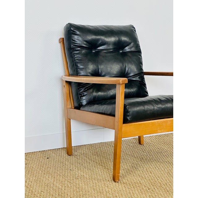 Vintage Scandinavian Lounge Chair in Black Leather and Wood, 1960s For Sale - Image 12 of 15