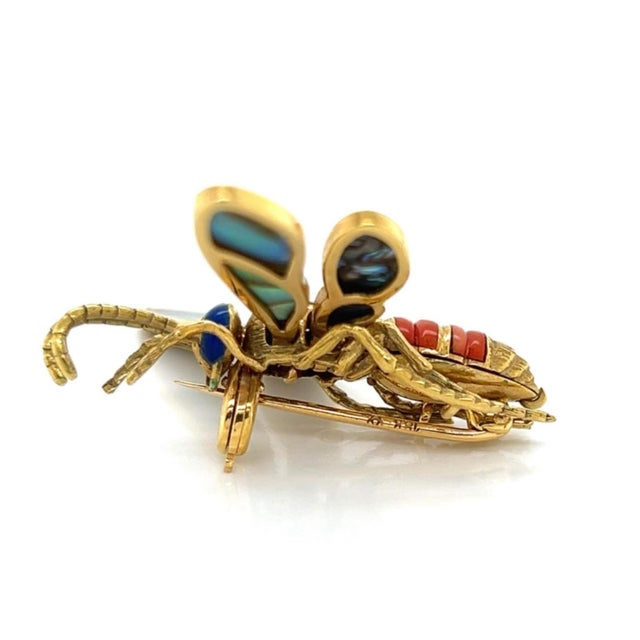 Gold Coral Abalone Shell Lapis 18k Yellow Gold Large Movable Fly Pin Brooch For Sale - Image 8 of 9