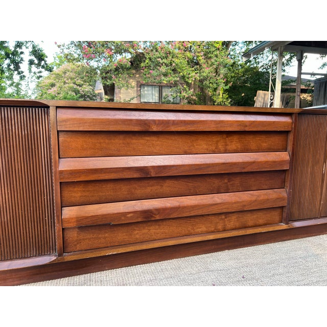 Wood 1960s Lane 1st Edition Mid Century Walnut Plinth Base Credenza For Sale - Image 7 of 12