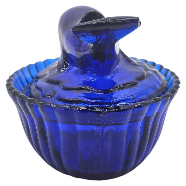 Glass Vintage Cobalt Blue Glass Dolphin-on-Nest Covered Trinket Box, 5.75" For Sale - Image 7 of 16