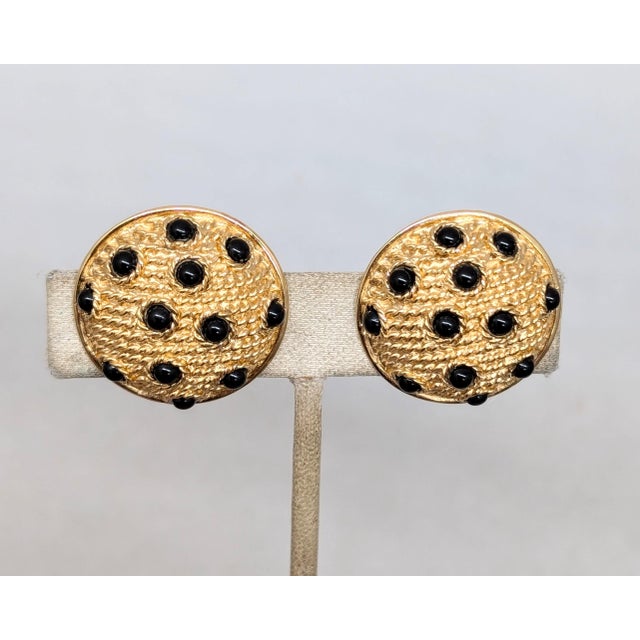 Metal Vintage 1980s Signed Guy Laroche Paris Round Goldtone Cabochon Faux-Onyx Clip Earrings-2 Pieces For Sale - Image 7 of 7