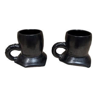 Modern Pottery Coffee Mugs by Unknown Artist, Textured Black, 1983 For Sale