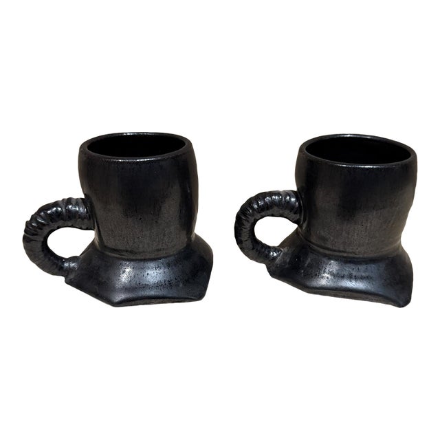Modern Pottery Coffee Mugs by Unknown Artist, Textured Black, 1983 For Sale