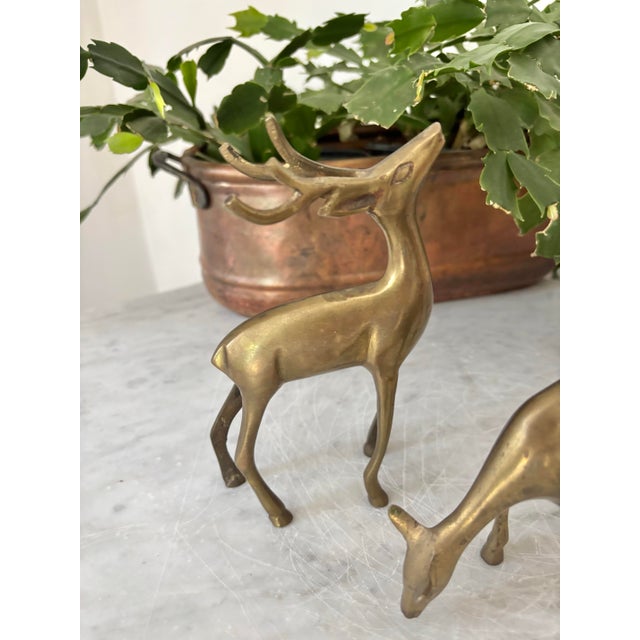 Pair of brass reindeer with lovely aged patina. Could be polished if a brighter shine is preferred. Measurements listed...
