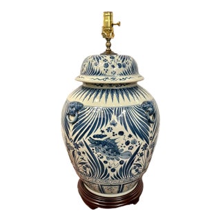 Large Porcelain Jar Lamp Blue & White Glaze. For Sale