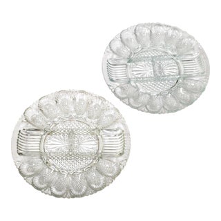 1960s Vintage Pressed Clear Glass Egg Plates Divided Relish Trays Glass Oyster Plates - Set of 2 For Sale