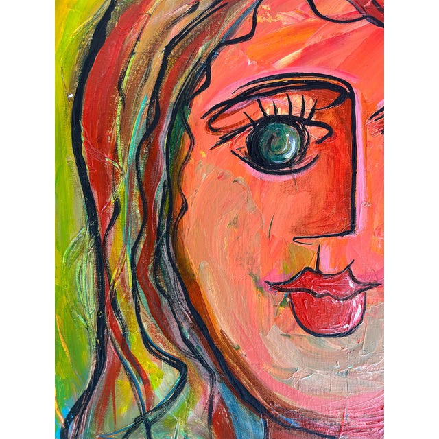 Juan Navarette "Woman With Red Hair" Abstract Painting on Canvas For Sale - Image 4 of 7