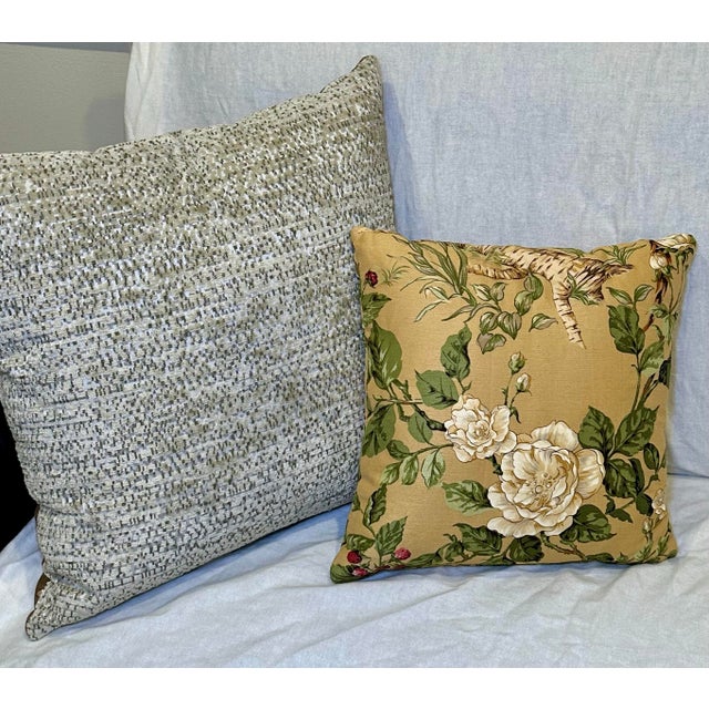 Pair of Custom Linen Throw Pillows – Salamandre Pheasant & Botanical Leaf, Down Alternative Inserts For Sale - Image 6 of 10