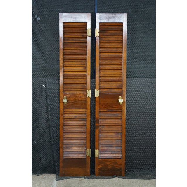 Pair Mid-Century Chinoiserie Elm Louvered Double Bi Fold Doors Brass Shou Pulls For Sale - Image 13 of 18