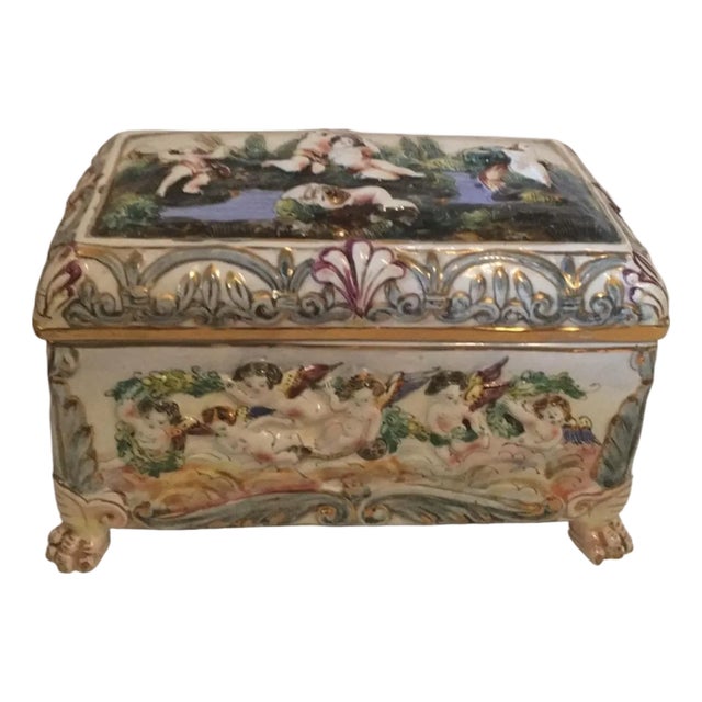 Very Large Antique Capodimonte Hinged Jewelry Casket/Box With Raised Cherubs For Sale