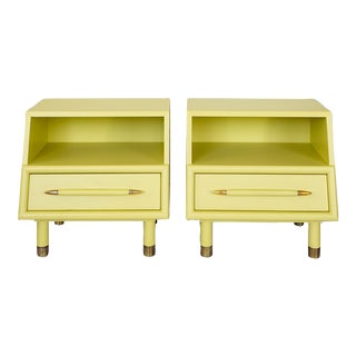 John Keal for Brown Saltman Refinished Citron and Brass Nightstands For Sale