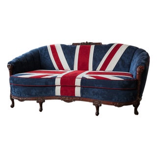 Vintage Union Jack Upholstered Sofa With Ornate Carved Wood Frame For Sale