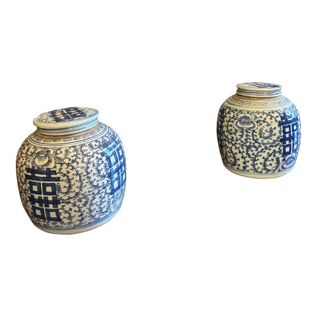 Chinese Blue and White Porcelain Pair of Ginger Jars With Double Happiness Symbols, Having Their Original Domed Lid For Sale